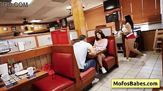 Elana Bunnz and Eden West share Derek Savage's huge cock in the diner