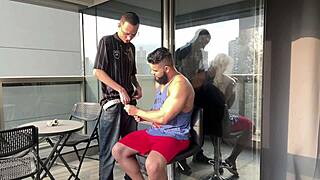 Skinny barber blows buff client in bisexual encounter.