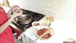 Stepmom sucks stepson while he cooks