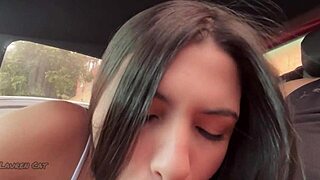 Latina babe gives deepthroat blowjob in car, swallows cum