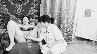 Amateur film of a fetish medical examination of an older woman with big breast and anal play