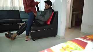 masked neighbor gives blowjob in living room