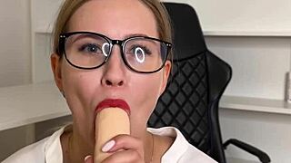 Sexy secretary flirts masturbates with wet vibrator