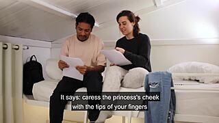 Roommates fool around in the bedroom after rehearsing a script, with dirty talk and clothes ripped