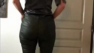 French amateur shows off her goods in leather pants