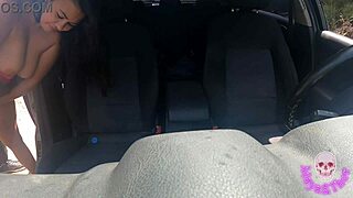 Big tit woman fucks stranger in car while he masturbates?