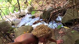 Nina Rivera gives a sloppy deepthroat blowjob by the river
