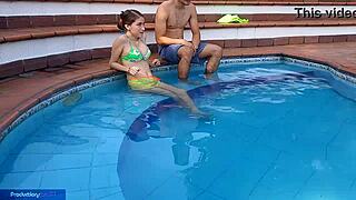 innocent girl enjoys pool with stepbrother