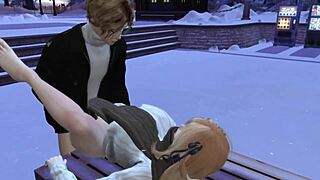 We fuck in public on a snowy day in 3D animation.