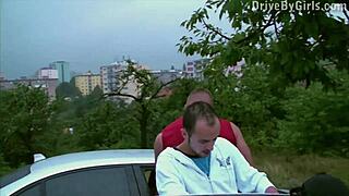 Girl hangs ass out car window for public gangbang!