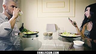 Young girl gives blowjob to stepfather at the desk and gets cum on her face