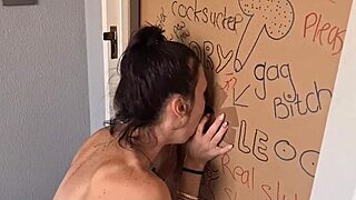 gloryhole slut sucks and jerks my dick, can she get through?