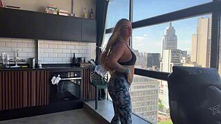 Personal trainers fuck blonde student's tight ass