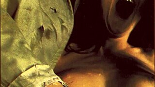 weird vintage threesome with hairy masked group