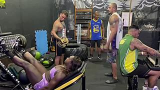 Tattooed Brazilian Amateur Gives Ass and Pussy to Four Gym Hunks