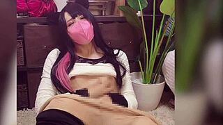 Cute Japanese crossdresser in cat ears masturbates live on stream.