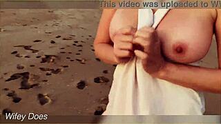 Amateur exhibitionists flash big tits and ass in public at sunset