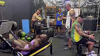 Tattooed Brazilian Amateur Gives Ass and Pussy to Four Gym Hunks