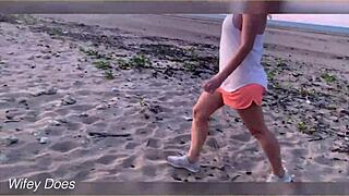 Amateur exhibitionists flash big tits and ass in public at sunset