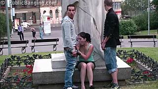I saw a young teen girl in public street sex by a statue