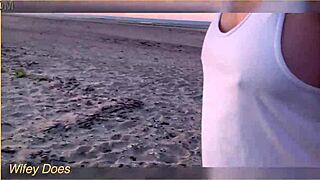 Amateur exhibitionists flash big tits and ass in public at sunset