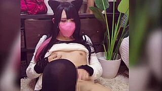 Cute Japanese crossdresser in cat ears masturbates live on stream.