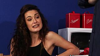 Cfnm brunette mocks naked tugging creep!