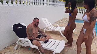 Latina and Ebony Babes Fuck by the Pool