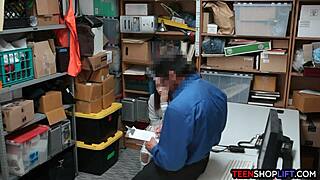 Security guard catches petite brunette teen stealing, leads to blowjob in store