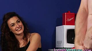 Cfnm brunette mocks naked tugging creep!