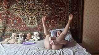 girl in nylon pantyhose fucks hairy pussy with dildo