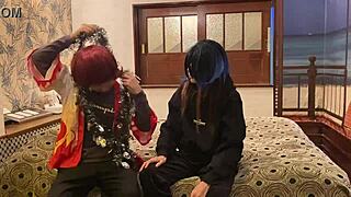 Cosplay and deep throat blowjob with an Asian MILF for Halloween