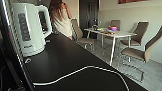 wife fucks neighbor in kitchen while husband works