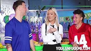 Lindsey Lakes Gets Freeuse Blowjob From Chad Alva And Jay Romero During Game Day