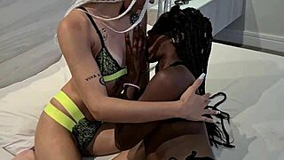 Suggestive lesbian threesome in a hotel room with friends