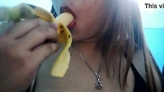 Steamy blowjob scene with a curvaceous woman and a banana theme