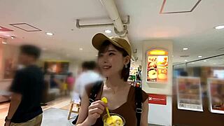 Cute Japanese babe rides cowgirl for tit shot and creampie.