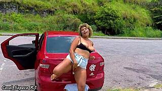 Feeling horny, I get out of the car to touch my fat ass in public