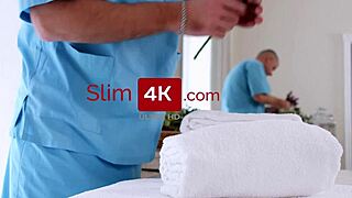 Slim masseur drills client's tight ass with creampie