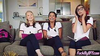 Petite teens bang a friend's huge dick in foursome! 🔥