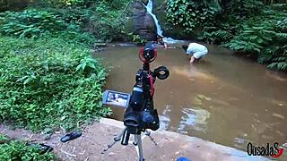 Ebony teen bruna black poses with big ass in outdoor stream photos