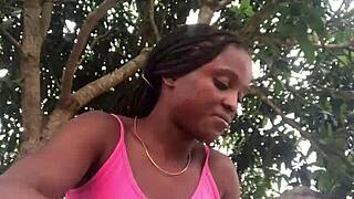 Crazy bitch in sexy outfit unboxes packages in front of strangers in 3D porn