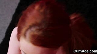 Beautiful woman with an angel face gets covered in cum while giving a blow job and getting a facial