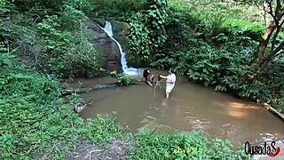 Ebony teen bruna black poses with big ass in outdoor stream photos