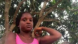 Crazy bitch in sexy outfit unboxes packages in front of strangers in 3D porn