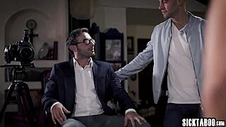 Confused busty milf interacts with a group of guys