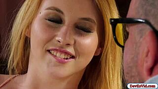 blonde babe gets banged doggystyle by old guys in threesome