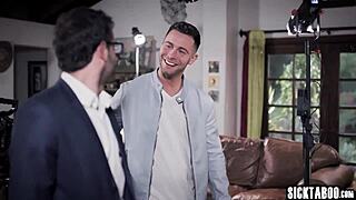 Confused busty milf interacts with a group of guys