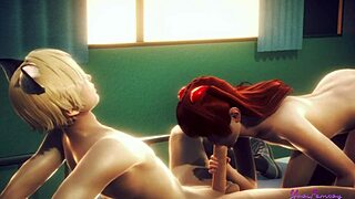 in evangelion, asuka the femboy swallows cum in sissy threesome