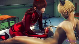 in evangelion, asuka the femboy swallows cum in sissy threesome